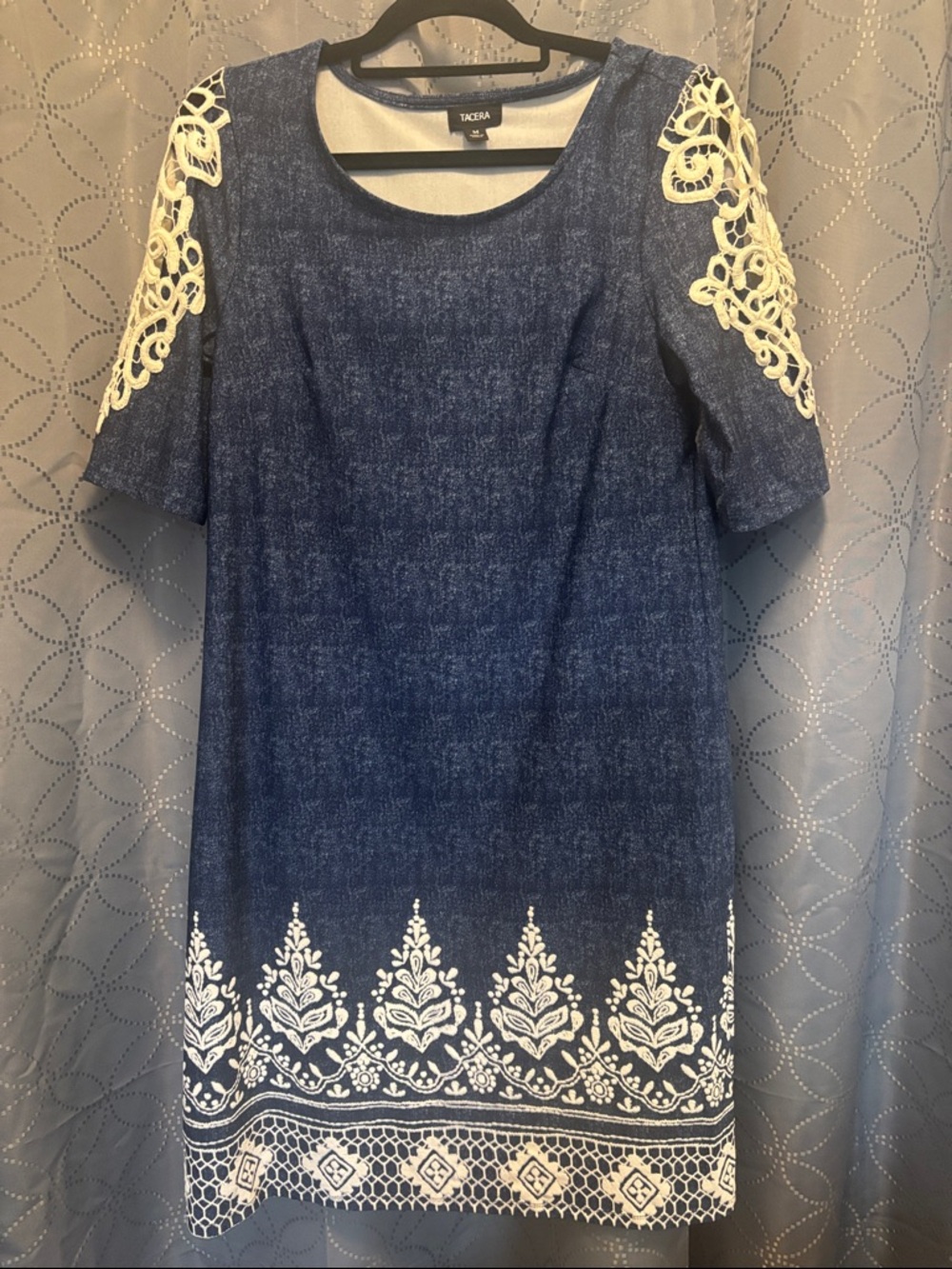 Tacera Navy Blue Midi Dress with White Lace Accents